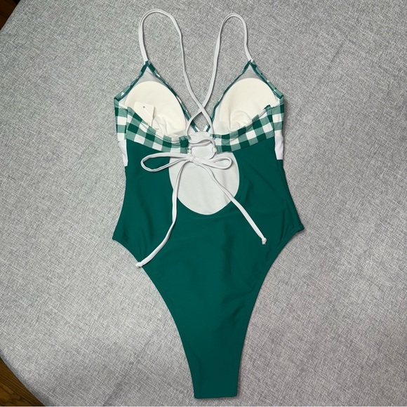 Cupshe Gingham Lace Up One Piece Swimsuit Green White Print Medium NWT - Picture 7 of 11